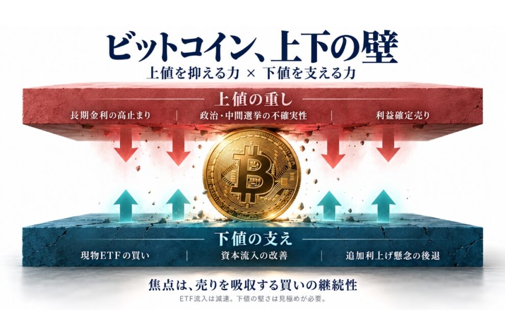 ビットコイン、上下の「厚い壁」に挟まれる──金利・利益確定売りとETF需要の綱引き【エックスウィン】